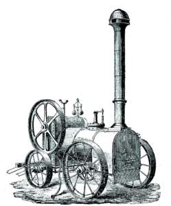La protagonista dell’età pionieristica della meccanizzazione fu la motrice a vapore. Questa incisione mostra un locomobile Tuxford del 1855 (da Giaccomelli, Le più recenti m acchine e strumenti rurali, Treviso 1864).
